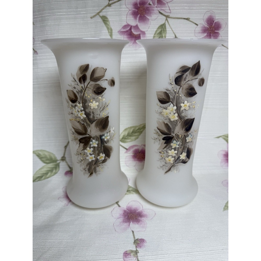 Vintage Hand Painted Milk Glass Floral Vases Set of 2 White 8"